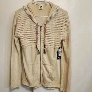 Roxy Women Tan Crochet Knit Hoodie Zip Up Casual Lightweight Small